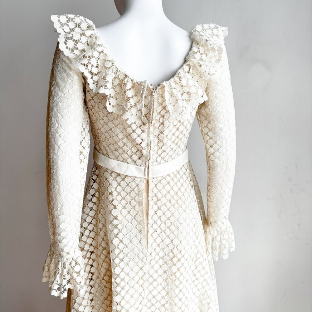 Vintage Jac An Ivory Crochet Long Sleeve A line Maxi Dress Wedding Boho S - Picture 9 of 11